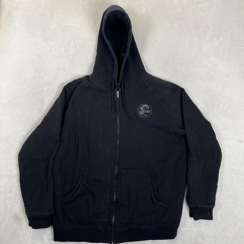 O'Neill Hoodie Mens XL Black Sherpa Lined Full Zip Fleece Surf Graphic Logo Y2K